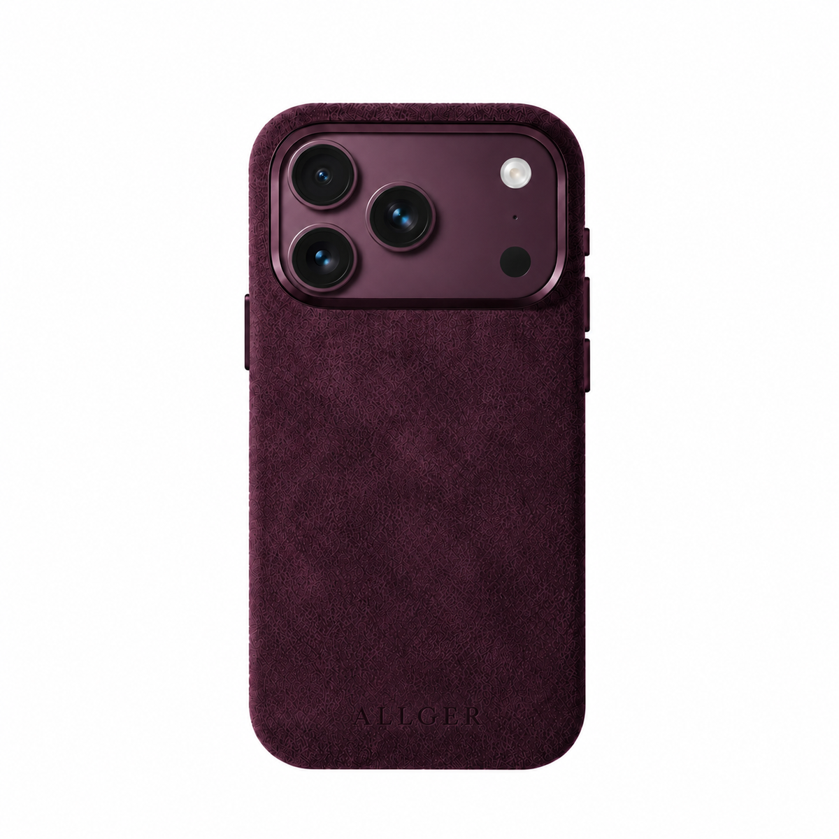 Allgèr Alcantara telefoonhoesje burgundy voor iPhone 18 Pro en Pro Max — achterkant van het hoesje met camera-uitsparing